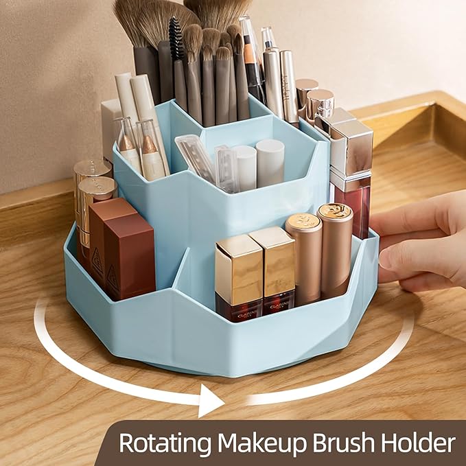 TNDCKP 360° Rotating Makeup Brush Holder Organizer with 9 Slots, Makeup Organizers Countertop, Makeup organization and Skincare Storage for Vanity, Desktop, Bathroom (BLUE)