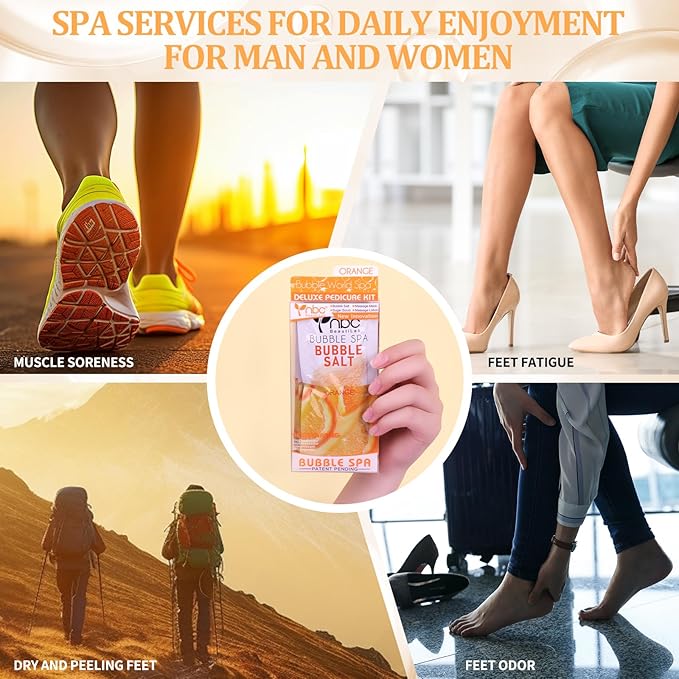 nbc BeautiLab Pedicure Kit Foot Soak Set: Bubble Salt, Sugar Scrub, Massage Mask, Massage Lotion in a Box, 4 Step Foot Spa Kit for Dry Feet, Softens Calluses and Tired Feet（1 Set Orange)