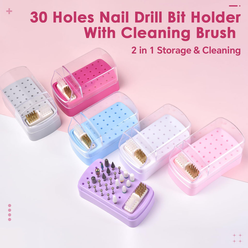 siyuwuro 2 in 1 Nail Drill Bit Holder & Nail Drill Bit Cleaner Brush Case 30 Holes Dustproof Nail Drill Bit Display Stand Organizer Box Manicure Drill Bits Cleaning Brush Bits Storage Tool, Blue