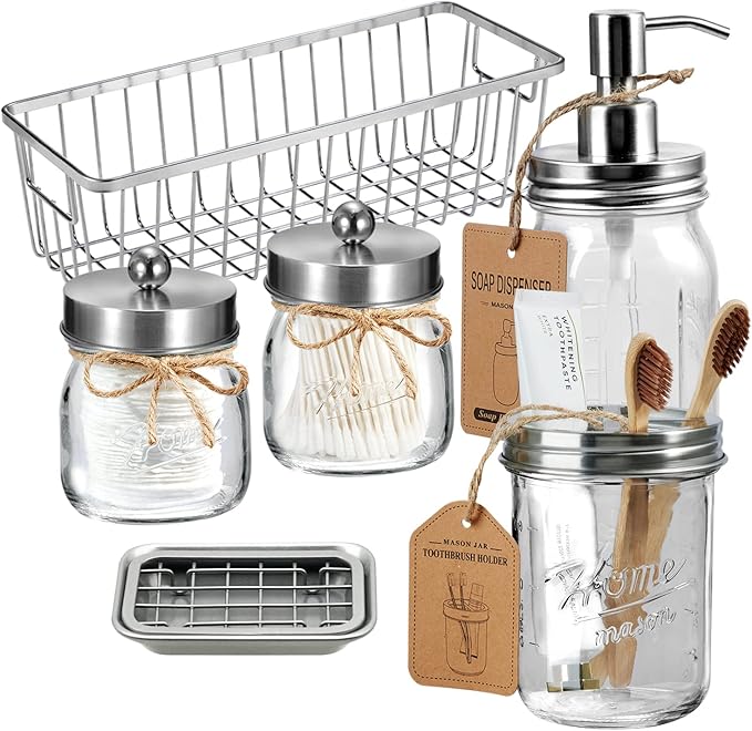 SheeChung Mason Jar Bathroom Accessories Set,6Pcs Rustic Bathroom Set