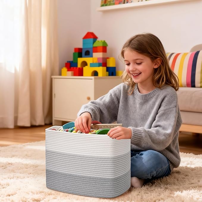 3 Pack Cube Storage Bin, 17”x12”x12” Cotton Rope Woven Baskets for Organizing Toys Clothes Towels, Square Gift Storage Baskets for Shelf, Nursery, Closet, Bathroom, Pantry (3-Tone Gray)