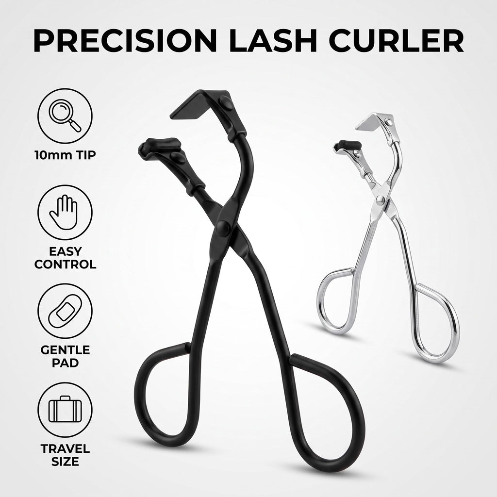 2 Pcs Eyelash Curler with Refill Pads - Mini Lash Curler for All Eyelash Shapes - Professional 2-in-1 Beauty Kit with Precision Tweezers - Stainless Steel Design for Perfect Control (Black+Silver)
