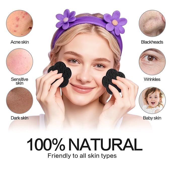 50-Count Facial Sponges Compressed Facial Sponges Natural Facial Cleansing Sponges Pads Cute Flower Shape Exfoliating Sponges for Cleansing Reusable,Best Makeup Gift, Black