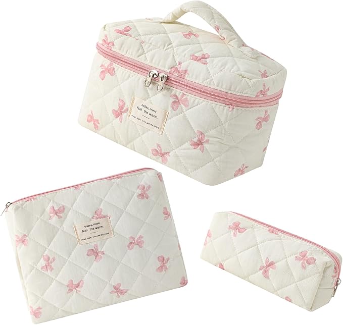 uekeboag 3Pcs Large Travel Quilted Makeup Bag for Women, Floral Cotton Cosmetic Bag, Coquette Aesthetic Floral Toiletry Organizer Bag(3Pcs WhitePink Bow