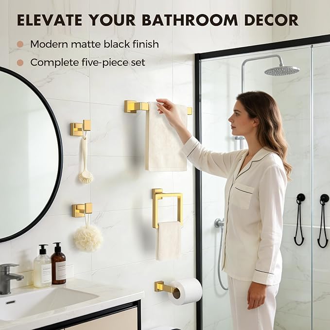 Bathroom Accessory Towel Bar Set: 20 Pieces Gold Bathroom Hardware Square SUS304 Stainless Steel - Wall Mounted Towel Rack&Toilet Paper Holder&Towel Ring and Towel Hook