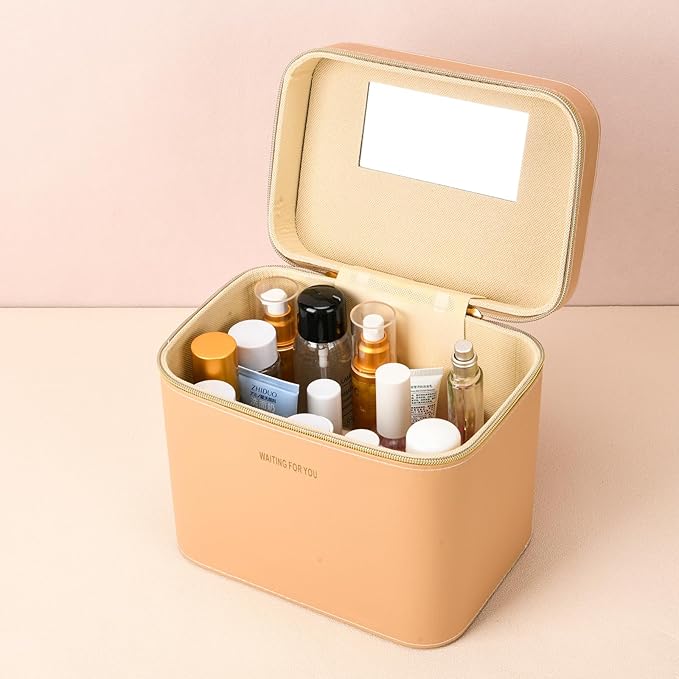 Sluxa Luxury Hard white makeup box, Portable leather hard cosmetic case with mirror, Sturdy train case make up box for women adults. (Monolayer - white