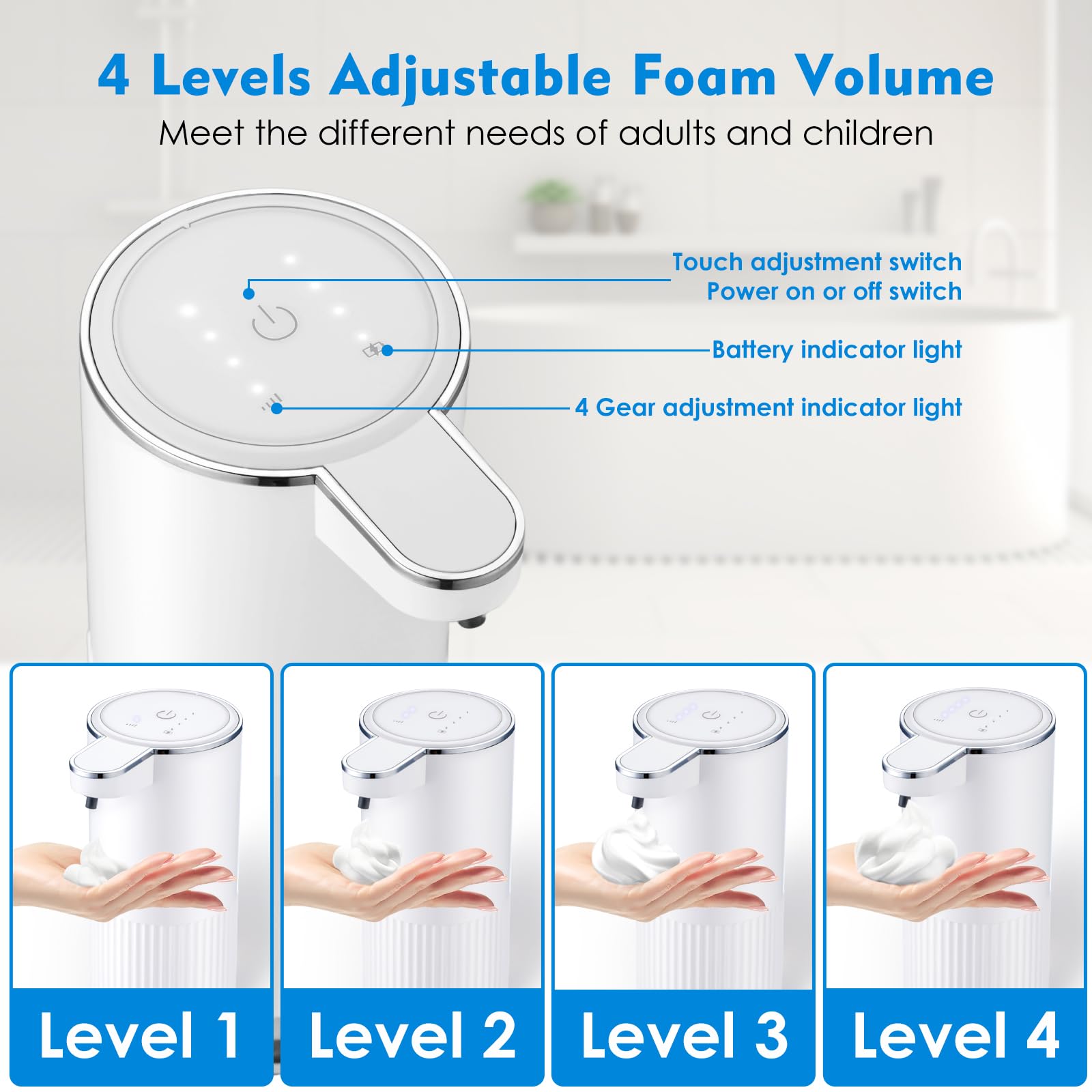 XINKORA 2 Pack Automatic Soap Dispenser Touchless, Rechargeable Foaming Hand Soap Dispenser, 4-Level Adjustable Foam for Bathroom Countertop, Electric (White)