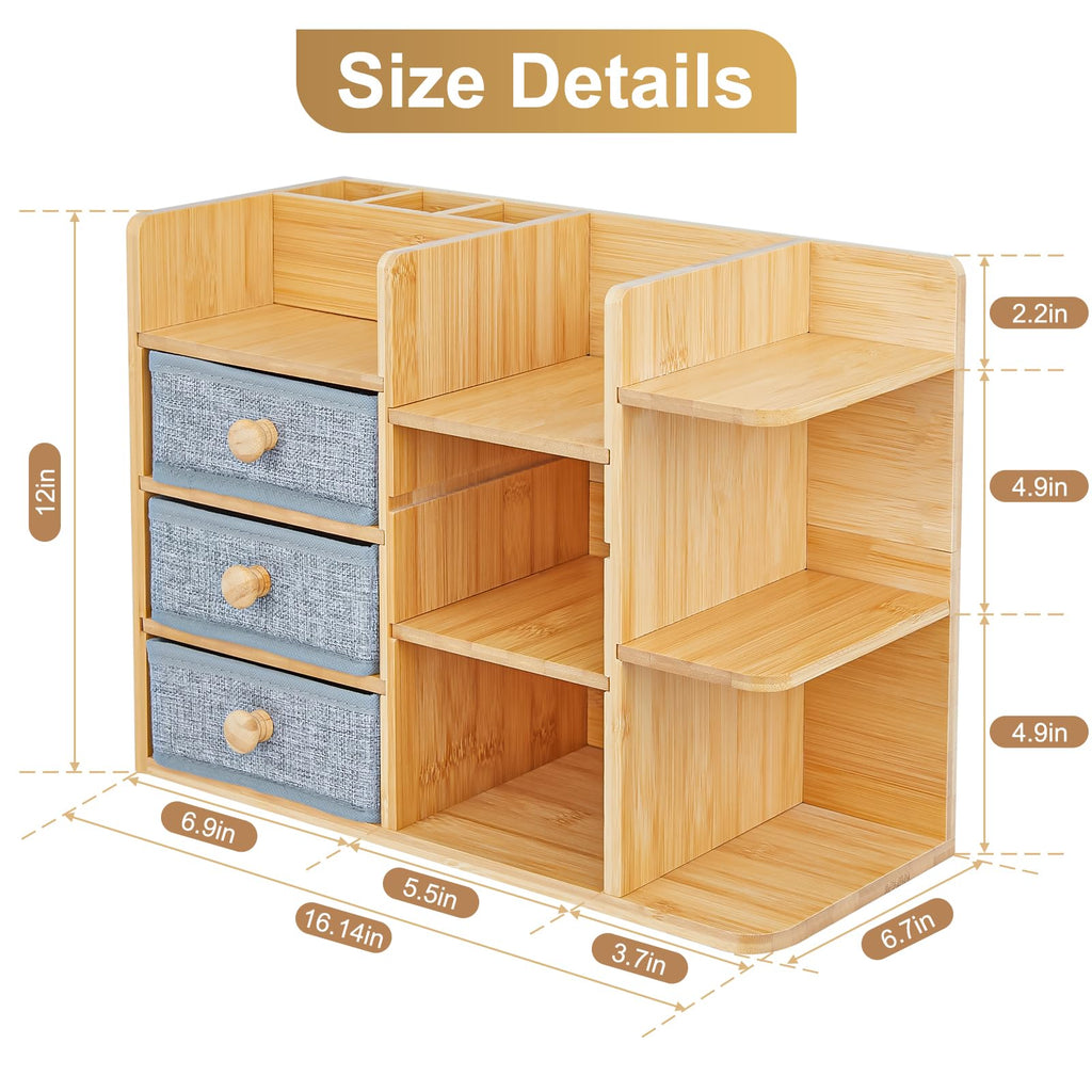 Large Makeup Organizer For Vanity, Large Capacity 3 Tiers Bamboo Bathroom Counter Organizers and Storage, Countertop Makeup Brush Holder, Nail Polish Perfume Stand with 3 Drawers and 10 Compartments