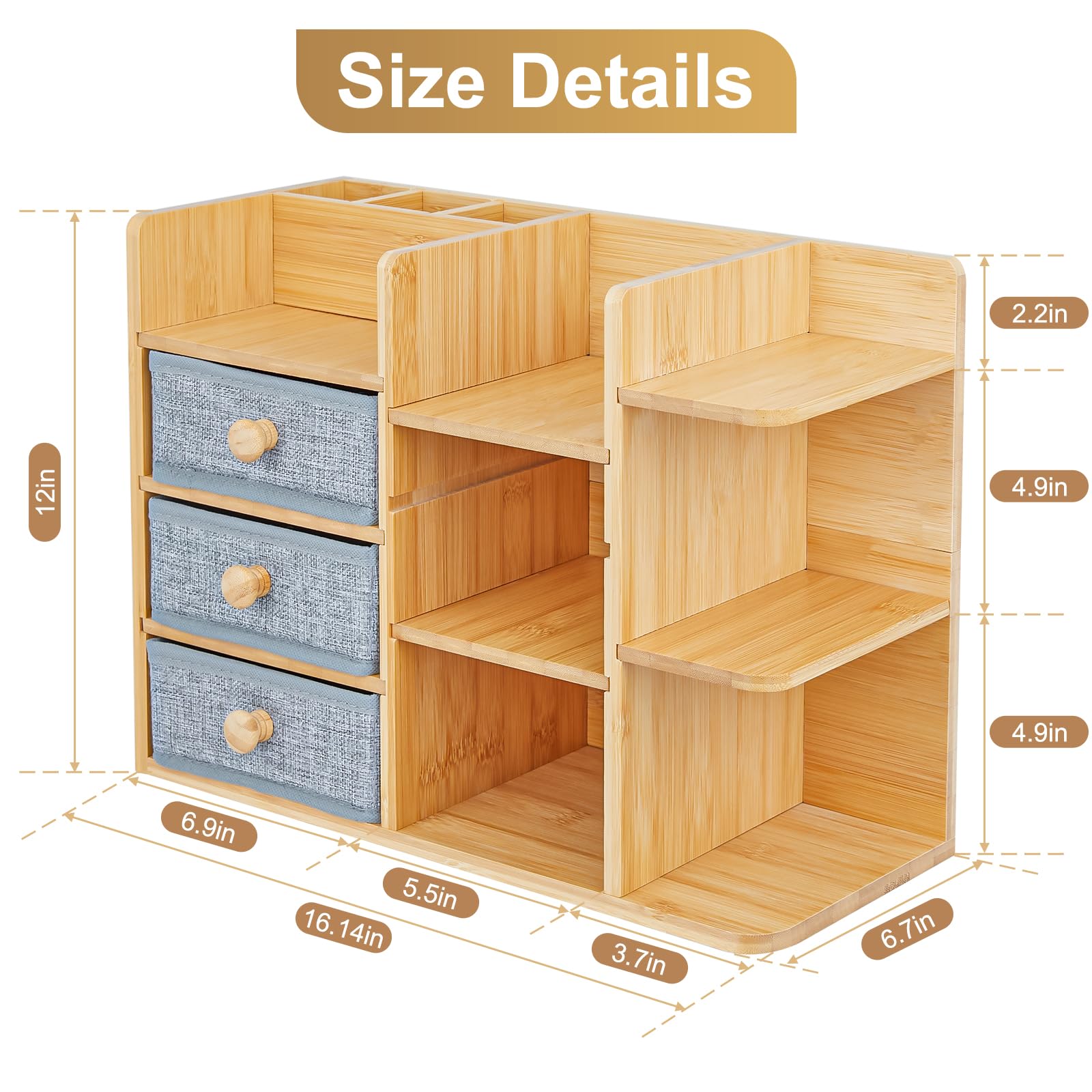 Large Makeup Organizer For Vanity, Large Capacity 3 Tiers Bamboo Bathroom Counter Organizers and Storage, Countertop Makeup Brush Holder, Nail Polish Perfume Stand with 3 Drawers and 10 Compartments