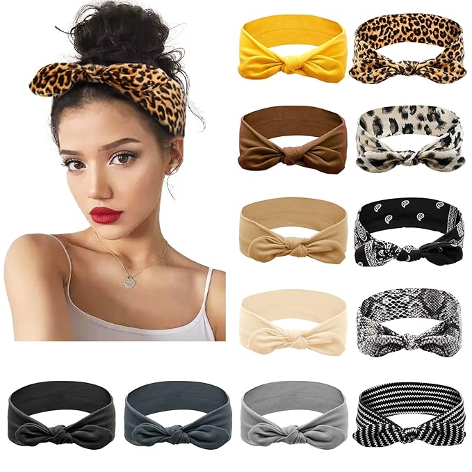 Huachi 12 Pack Bow Headbands for Women Elastic Headwraps Hair Band Knotted Headband Rabbit Ears Turban Fashion Sport Cute Hair Accessories