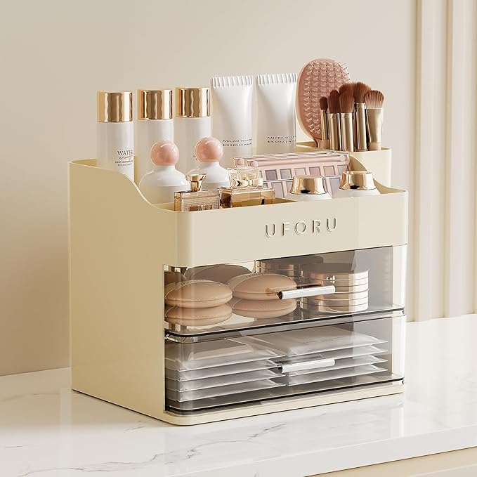 UFORU Makeup Organizer for Vanity with Brush Holder, Countertop Skincare Organizer with 2 Drawers, Spacious Cosmetic Display Case for Perfumes, Eyeshadow Palettes, Nail Polishes