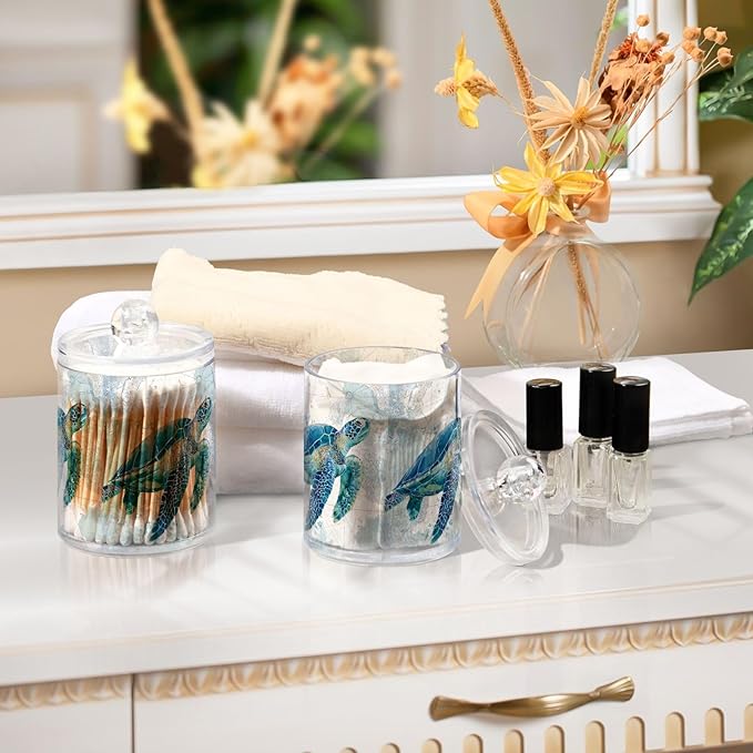 xmycdz 2 Pack Sea Turtle Pattern Apothecary Jars with Lid, 10 Oz Clear Plastic Apothecary Jar Set Qtip Holder Storage Containers for Cotton Ball Swabs Bathroom Vanity