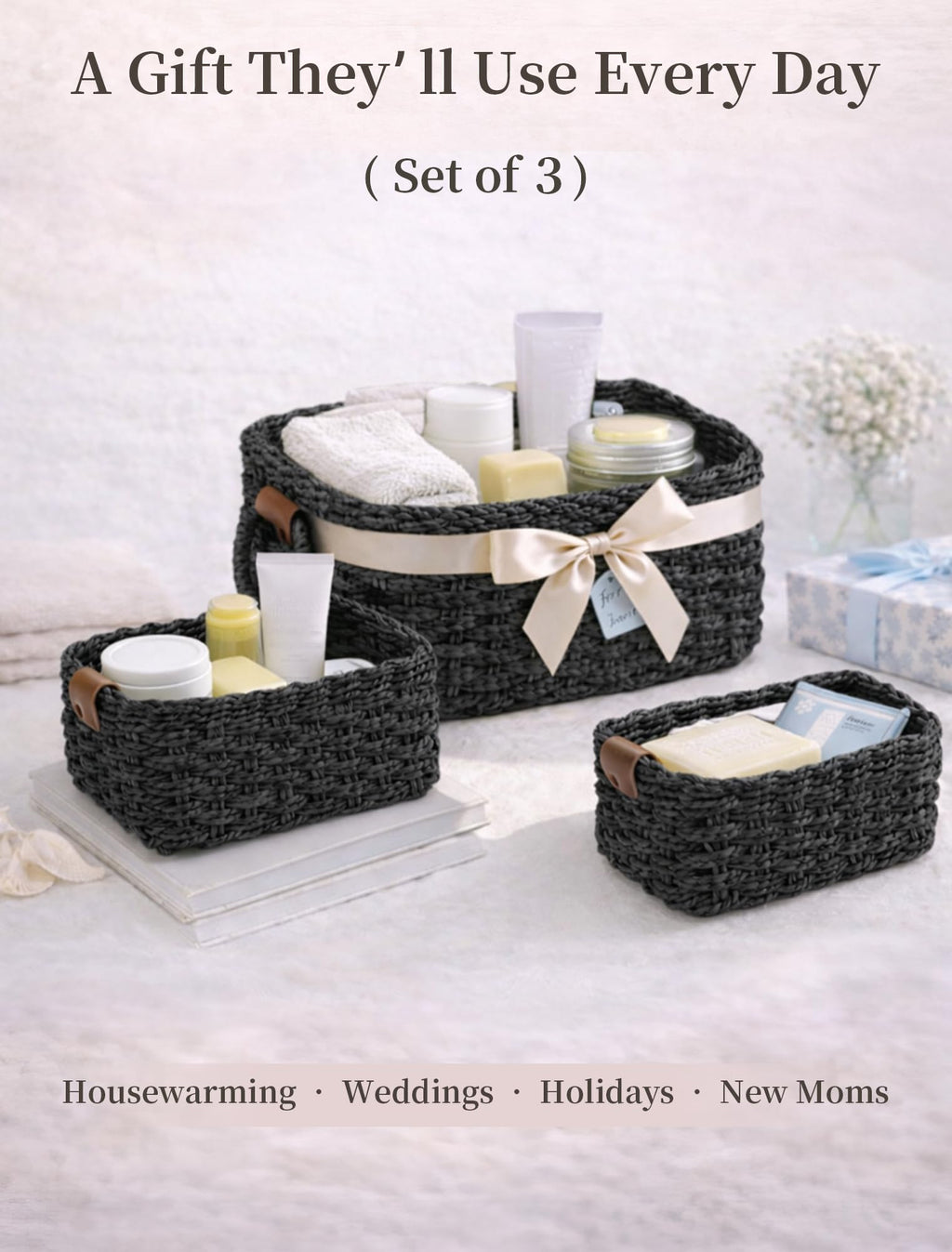 Panovox Small Wicker Baskets, 3 PCS Paper Rope Baskets for Shelves, Black