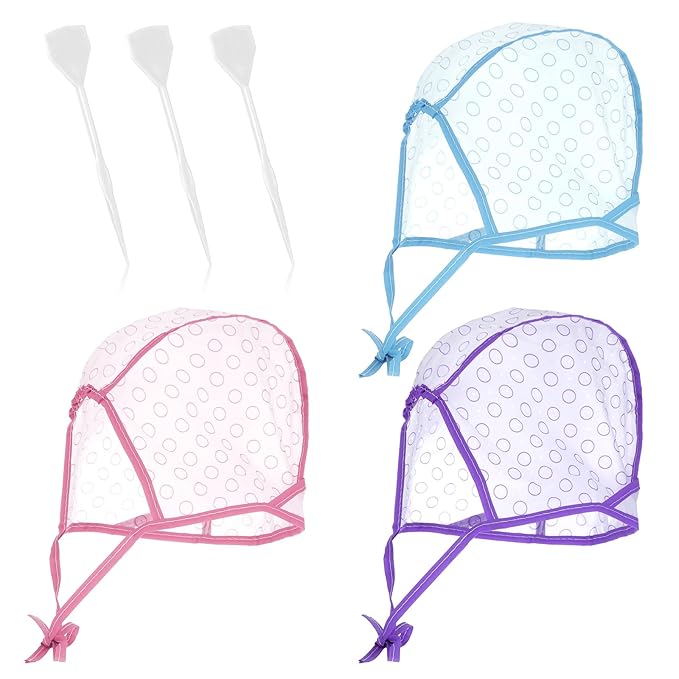 3PCS Highlight Cap With 3 Plastic Crochet Hooks Hair Highlighting Caps Highlighting Kit for Hair Coloring Salon Dyeing Bleach Salon and DIY Hairdressing Supplies(Pink Purple Blue)