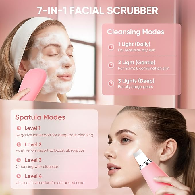 Stepcare Silicone Face Scrubber Blackhead Scraper Rechargeable 2-in-1 Facial Cleansing Brush & Skin Spatula Duo, IPX7 Waterproof Exfoliating Massager Deep Cleansing for Women and Men(Peachy Pink)