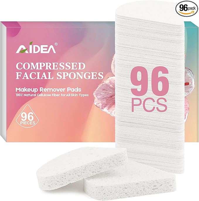 AIDEA 96Count Compressed Facial Sponges White, Reusable Makeup Remover Pads, Travel Essentials, Face Cleansing Pads, Natural Cellulose Cosmetic Spa Sponges for Facial Cleansing, Exfoliating Pads