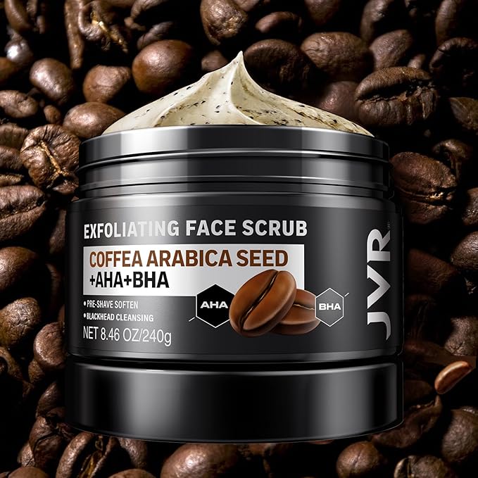 JVR Face Scrub for Men, Facial Scrub for Deep Exfoliating, Cleansing Blackheads, Ingrown Hair, Pre-shave Soften, Organic Formulated with Coffee Extract, AHA and BHA Face Exfoliator (8.46 oz)