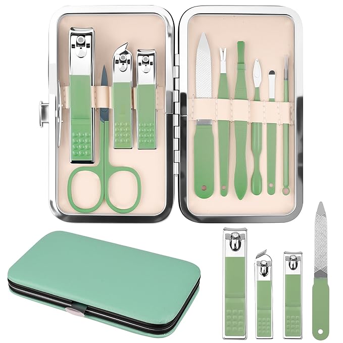 Manicure Set Gift for Women Men, Easter Basket Stuffers for Teens Boys, 10 In 1 Finger and Toe Nail Clippers Kit, Men's Grooming Pedicure Tools with Portable Travel Case, Matcha Green