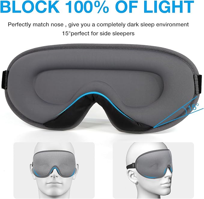 LYSIAN 3D Sleep Mask for Side Sleepers, Blackout Eye Mask with No Pressure on Eyes, Adjustable Comfortable Blindfold with 5 Pairs of Ear Plugs for Sleeping, Travel, Nap, Silver Grey