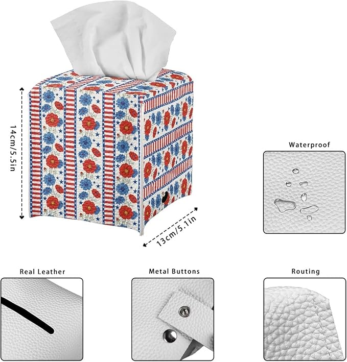American Flower Tissue Box Holder Square PU Leather Tissue Organizer Case with Metal Button Waterproof Napkin Holder for Home Office Car Automotive Decor