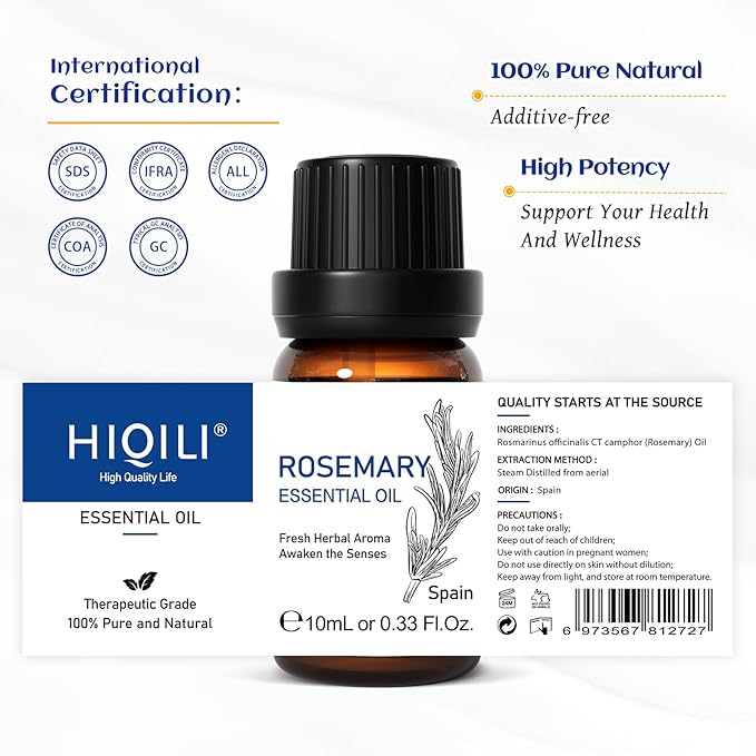 HIQILI Rosemary Essential Oil for Hair, Diffuser, Skin & Aromatherapy