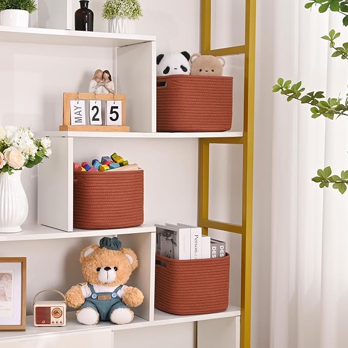 3 Pack Cube Storage Bin, 9”x9”x7” Cotton Rope Woven Baskets for Organizing Toys Clothes Towels, Square Gift Storage Baskets for Shelf, Nursery, Closet, Bathroom, Pantry (Red)