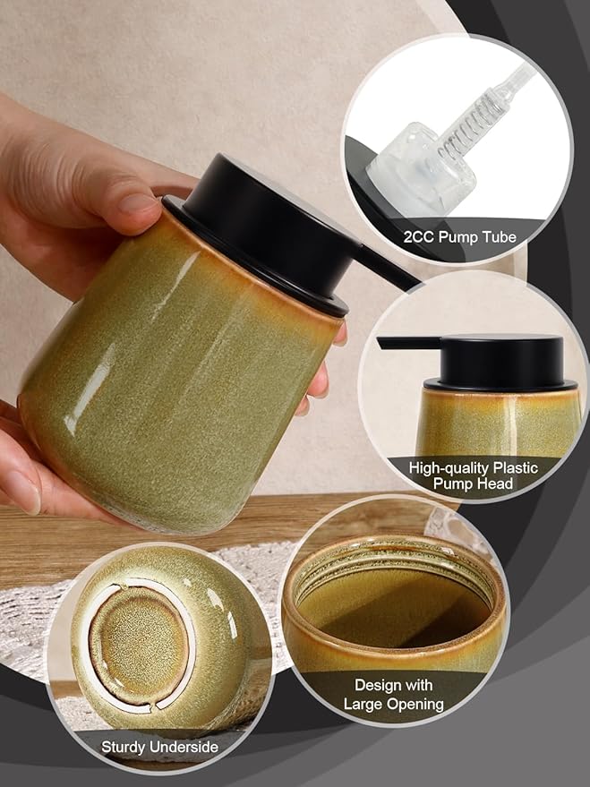 INGOFIN Ceramic Foaming Soap Dispenser - 12 oz Refillable Foam Hand Soap Dispenser Bathroom, Modern Dish Dispenser Pump for Kitchen,Kiln-Glazed Earthy Yellow-Brown