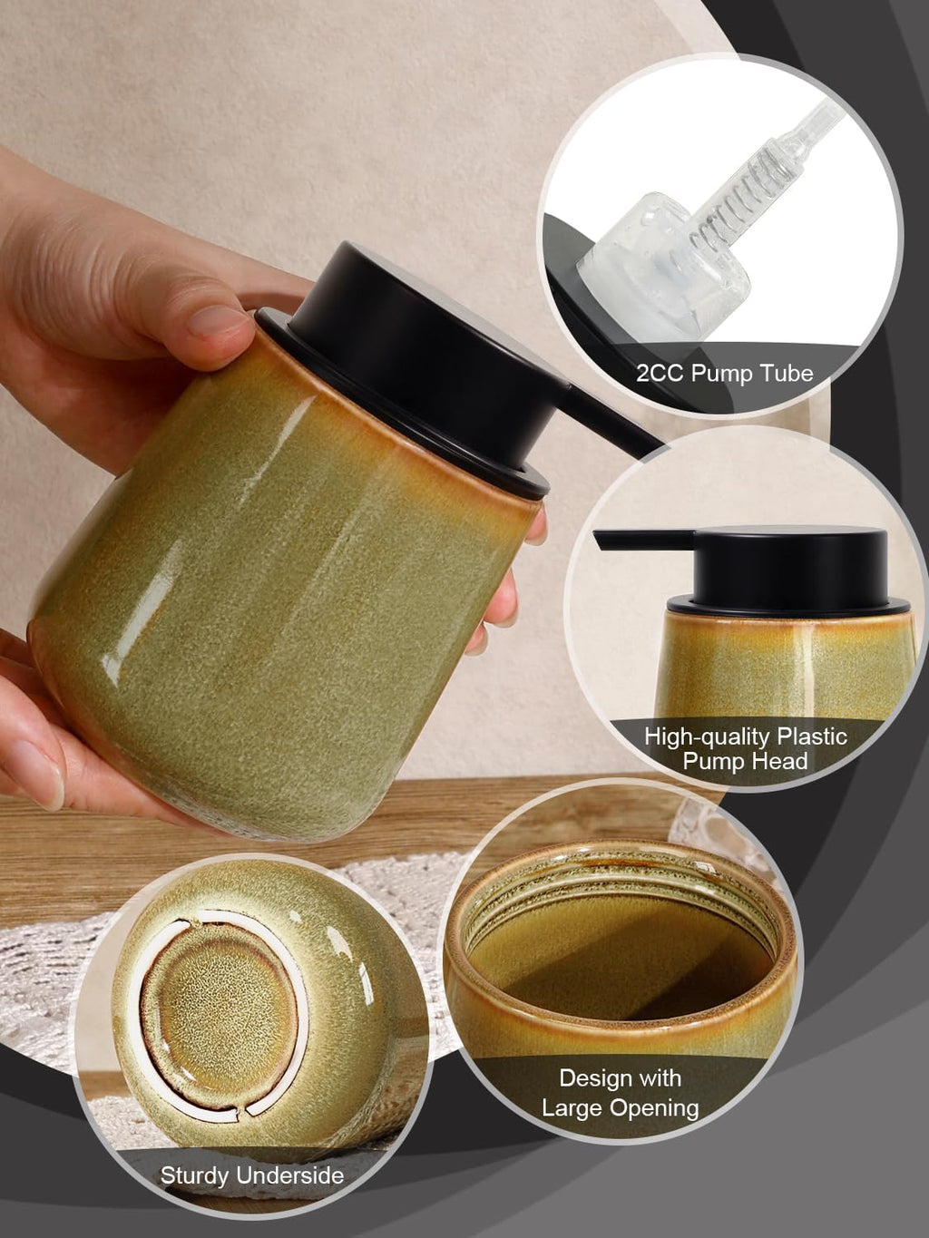 INGOFIN Ceramic Foaming Soap Dispenser - 12 oz Refillable Foam Hand Soap Dispenser Bathroom, Modern Dish Dispenser Pump for Kitchen,Kiln-Glazed Earthy Yellow-Brown