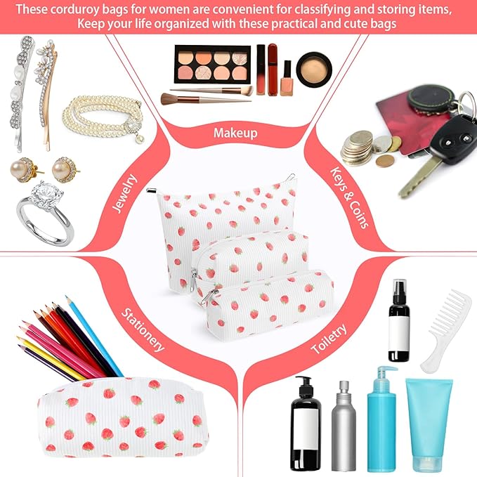 Huhumy 3 Pcs Makeup Bag Set for Women Corduroy Cosmetic Pouch Aesthetic Smile Travel Toiletry Bag Cute Purse Pouch Pencil Case Makeup Brushes Storage Organizer with Zipper(White,Strawberry)