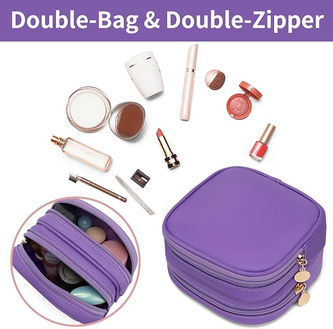 XIAOLER Small Makeup Pouch, Double Zipper Cosmetic Bag, Travel Makeup Bag, Cute Makeup Bag for Purse, Mini Toiletry Bag (Purple)