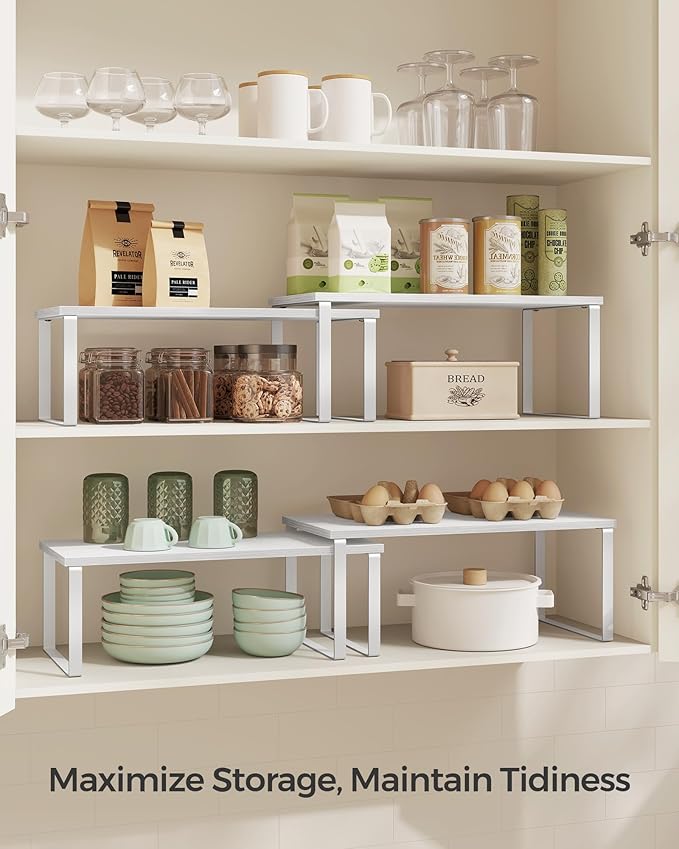 SONGMICS Cabinet Organizer Shelf, Set of 2 Kitchen Counter Shelves, Kitchen Storage, Spice Rack, Stackable, Expandable, Metal and Engineered Wood, 15.6 Inches, Cloud White and Snow White UKCS025W01