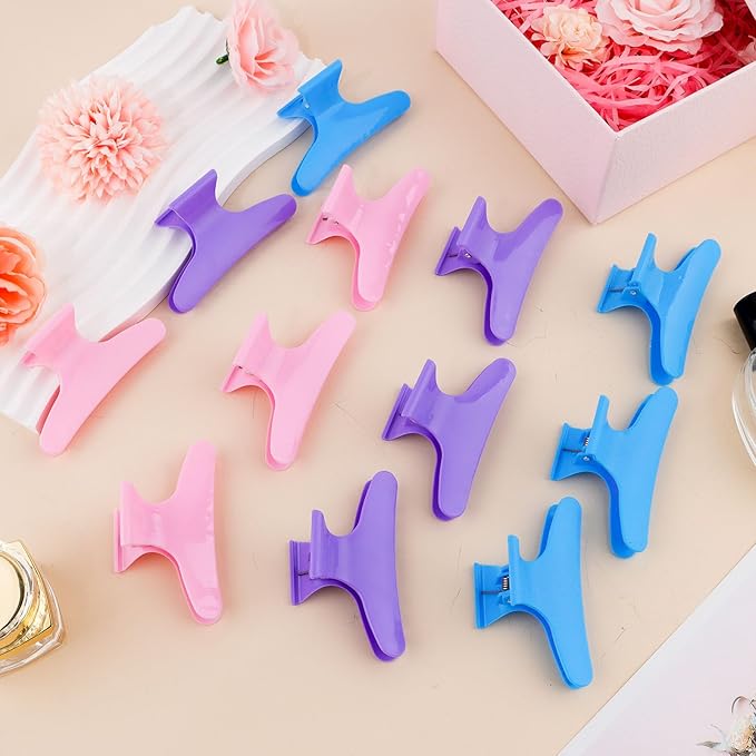 BAHABY Hair Clips for Styling Sectioning 12 Pack Pink Purple Blue Butterfly Clamps Hair Claw Clips Pro Salon Hair Clips for Styling, Sectioning, Cutting and Coloring