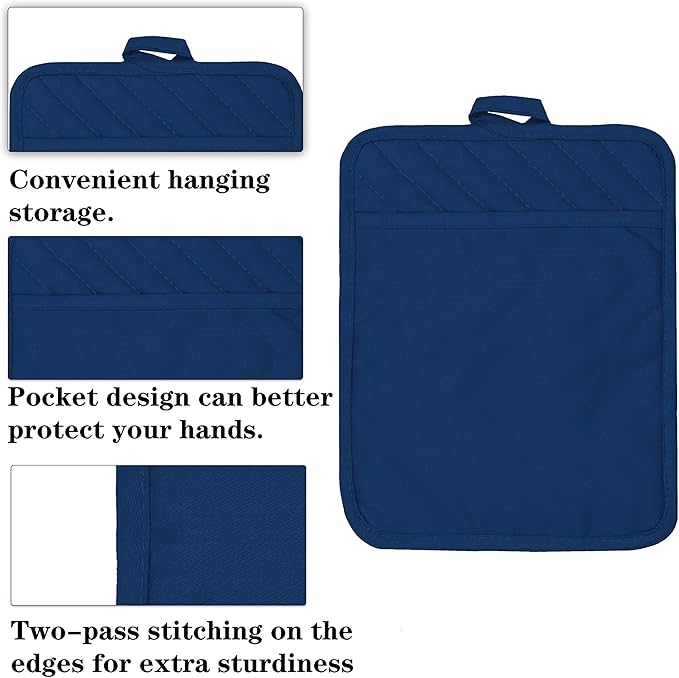 VEIKERY Oven Pot Holder with Pocket Cotton Heat Resistant Coaster Potholder Kitchen Hot Pad Oven Mitts for Cooking Square 7"x9"Set of 5 (Blue)