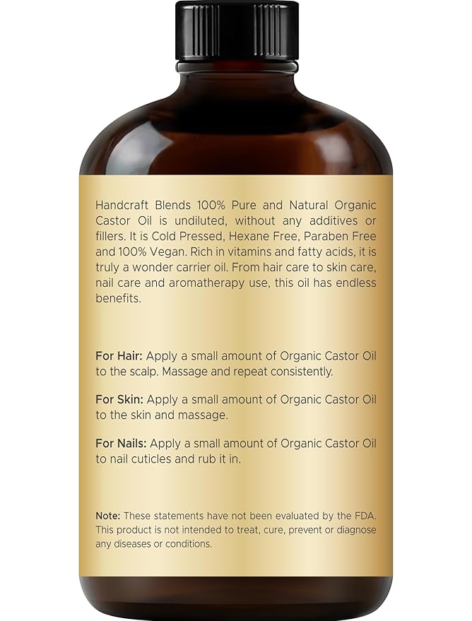 Handcraft Blends Cold-Pressed Organic Castor Oil 4 Fl Oz | Glass Bottle | Lash Brushes | 100% Pure and Natural | Premium Grade Carrier Oil | Hair, Eyelashes and Eyebrows | Hair and Body