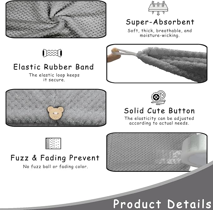 3 Pack Microfiber Hair Towel Wrap for Women, Fast Drying Hair Turban with Button, Anti-Frizz Large Hair Towel for All Hair Styles, Soft & Absorbent Hair Drying Towel(White,Khaki,Grey)