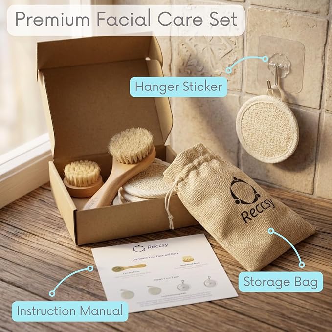 Face Dry Brush for Lymphatic Drainage Set,Exfoliating Face Brush+Face Scrubber for Women+4pcs Organic Facial Exfoliating Pads Reusable.Wooden Small Soft Bristle Facial Brushes for Cleaning.