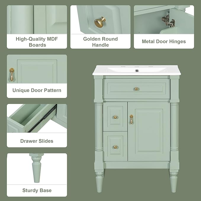 Harper & Bright Designs 24" Bathroom Vanity with Sink, Free Standing Bathroom Vanity Set with Flip Drawer, 2 Drawers, and Adjustable Shelf, Wood Storage Cabinet with Ceramic Basin for Bathroom, Green