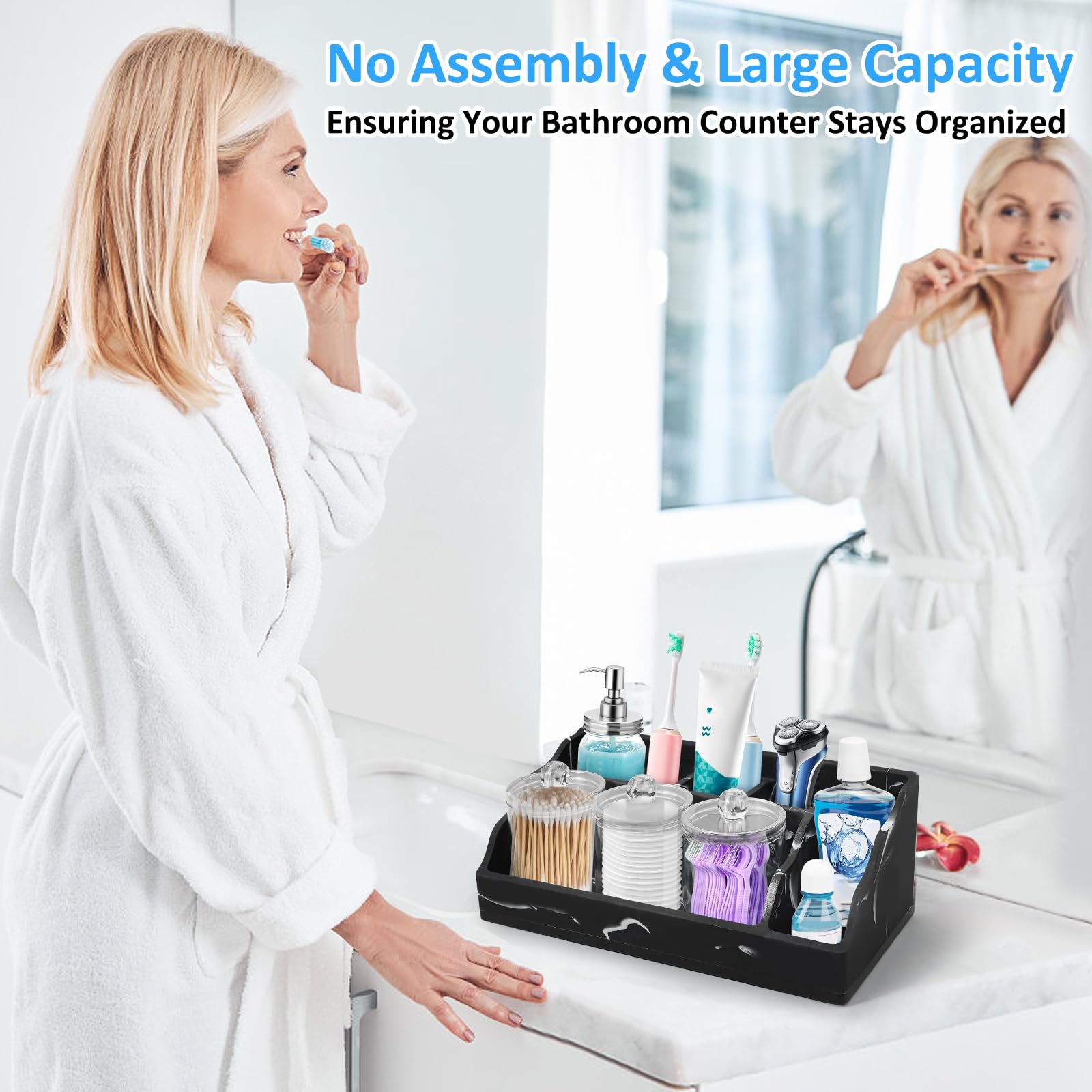 Marble Bathroom Countertop Organizer, Black Toothbrush Holders for Bathrooms Counter Organizer with 3PCS Qtip Dispenser, Toothbrush and Toothpaste Holder for Bathroom Organization Vanity Storage