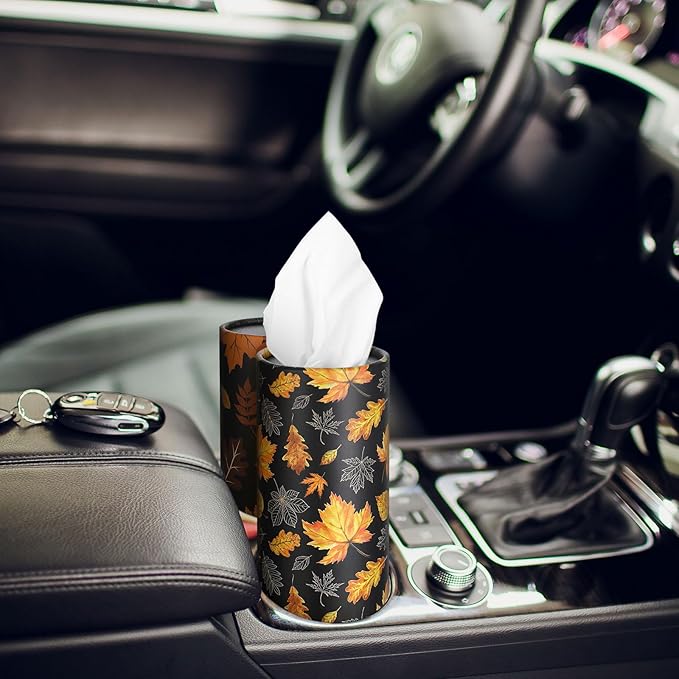 Fourluoo 12 Pack Car Tissue Cylinder Holder Bulk with 3 Ply Facial Tissues, Round Napkin Holders for Cup Holder Cylinder Travel Paper Tubes Bulk Round Napkin Boxes Packs(Maple Leaf)