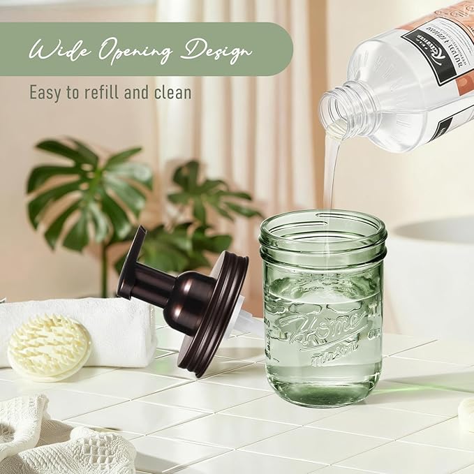 SheeChung Mason Jar Foaming Soap Dispenser, Stainless Steel Lid, BPA Free Pump, Green Glass Foam Hand Soap Dispenser, 16Oz Refillable Liquid Foam Dispenser Bottle, Bathroom Kitchen, Dish Soap-Bronze