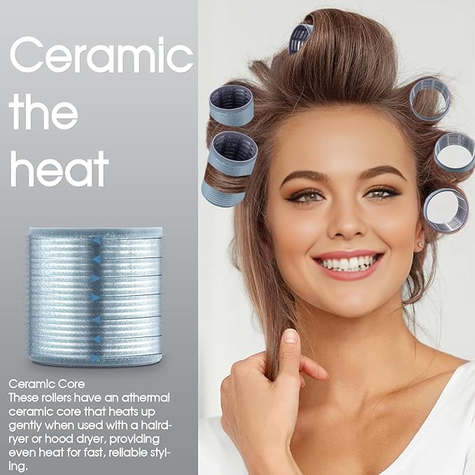 Self-Grip Ceramic Ionic Thermal Hair Rollers Set - 18 Velcro Rollers for Long and Short Hair, Blowout Look, Salon Quality