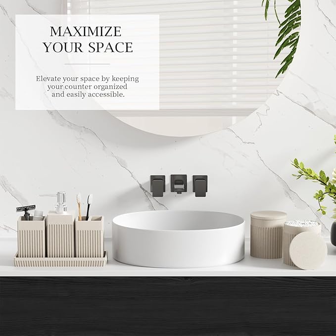 InnJoey 6-Piece Beige Bathroom Set - Sleek Resin Bathroom Accessories Set with Soap Dispenser, Toothbrush Holder, Vanity Tray, Tumbler & Apothecary Jars for Small Spaces