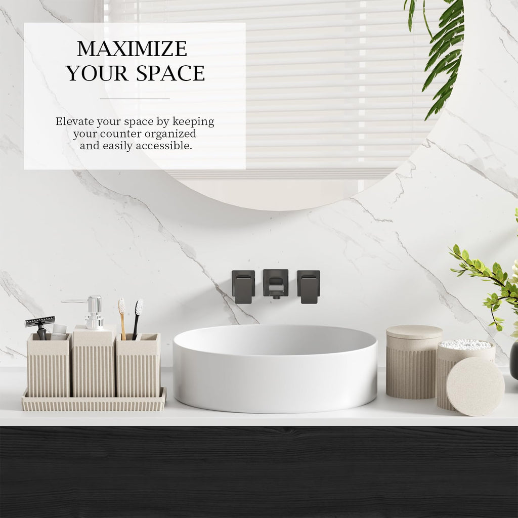 InnJoey 6-Piece Beige Bathroom Set - Sleek Resin Bathroom Accessories Set with Soap Dispenser, Toothbrush Holder, Vanity Tray, Tumbler & Apothecary Jars for Small Spaces
