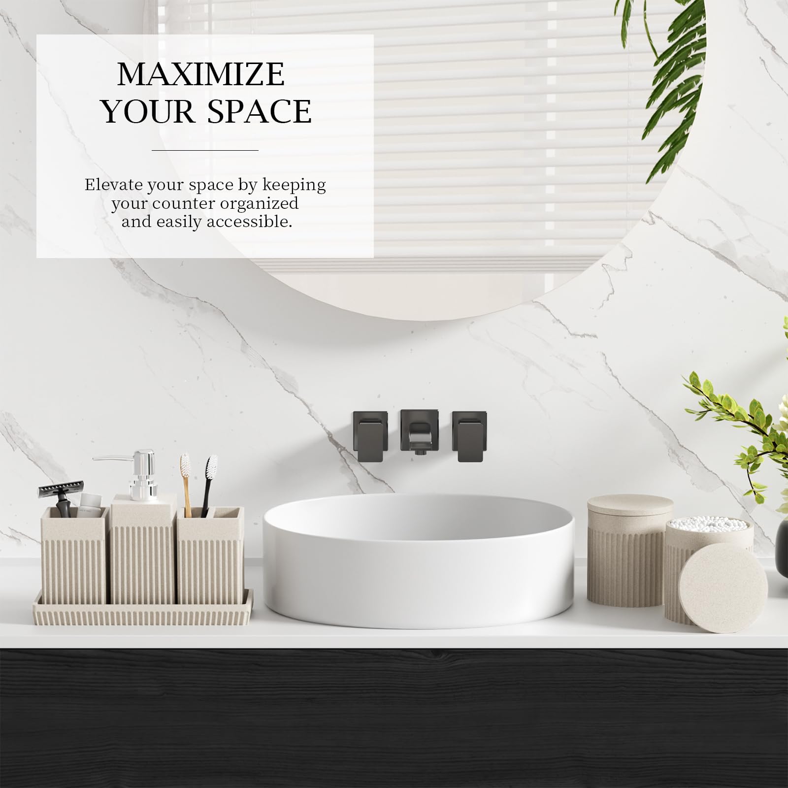 InnJoey 6-Piece Beige Bathroom Set - Sleek Resin Bathroom Accessories Set with Soap Dispenser, Toothbrush Holder, Vanity Tray, Tumbler & Apothecary Jars for Small Spaces