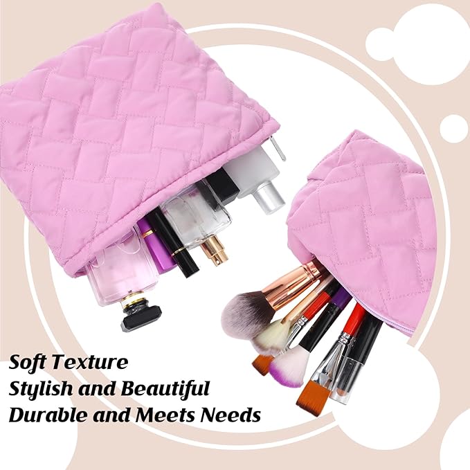 2 Pc Makeup Bag Set Cute Quilted Cosmetic Pouch for Women Travel Toiletry Bag Preppy Small Makeup Purse Pouch Skincare Brushes Storage Organizer Pencil Case Set(Knitted,Quilted,Rose Pink)