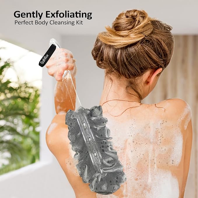 Bathflor Loofah Sponge Exfoliating Body Scrubber: 4PCS Extra Large 80g Shower Loofahs Poufs, 1PCS Long Handle Loofa Back Scrubber, 1PCS Luffa Hook, Charcoal Loofah Pack for Women Men Bath Wash, Black