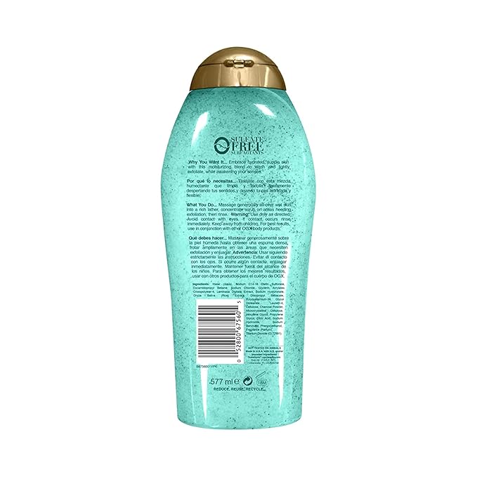 OGX Hydration + Sea Kelp & Hyaluronic Acid Sulfate-Free Lightly Moisturizing Body Scrub with Black Rice, Gentle Exfoliating Daily Body Wash to Soften & Smooth Skin, 19.5 Fl Oz