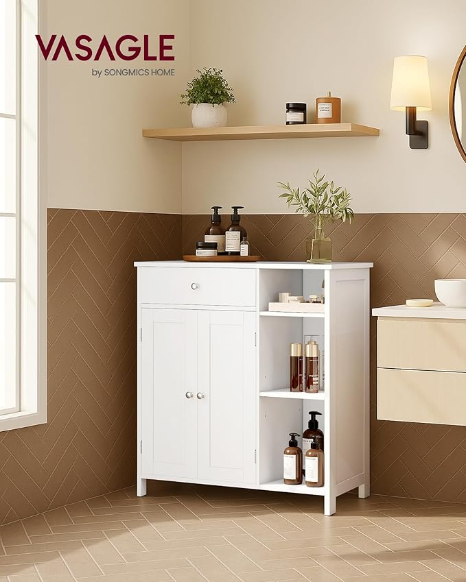 VASAGLE Floor Storage Cabinet with Drawer, Freestanding Cabinet with Doors, 3 Open Compartments, Adjustable Shelves, 11.8 x 29.5 x 31.5 Inches, for Bathroom, Living Room, Cloud White UBBC142W01