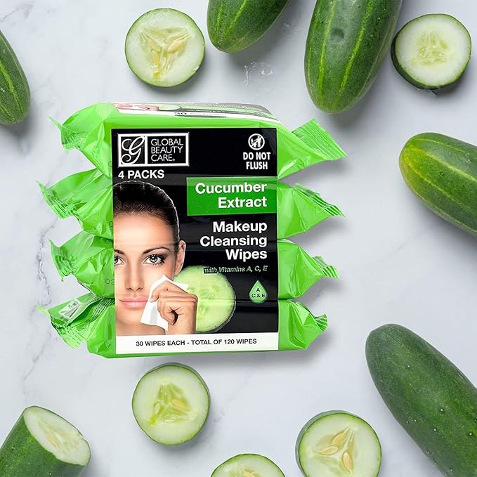 Global Beauty Care Cucumber Makeup Remover Wipes with Vitamins A C E For Cooling Skin Support - Facial Cleansing Towelettes Remove Waterproof Mascara, Oil & Dirt, All Skin Types 120 Count (4-Pack)