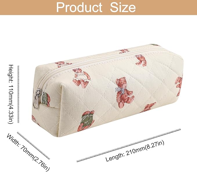 HHQQWZ Cute Floral Cotton Makeup Brush Cosmetic Bag for Women, Travel Quilted Zipper Make Up Bag, Flowers Toiletry Organizer Case Kawaii Makeup Cosmetic Travel Cloth Pouch (Rabbit Bear)